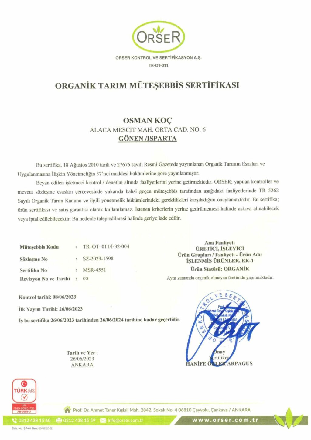 resmi imzalı organik gül ve organik gül suyu üretim sertifikası